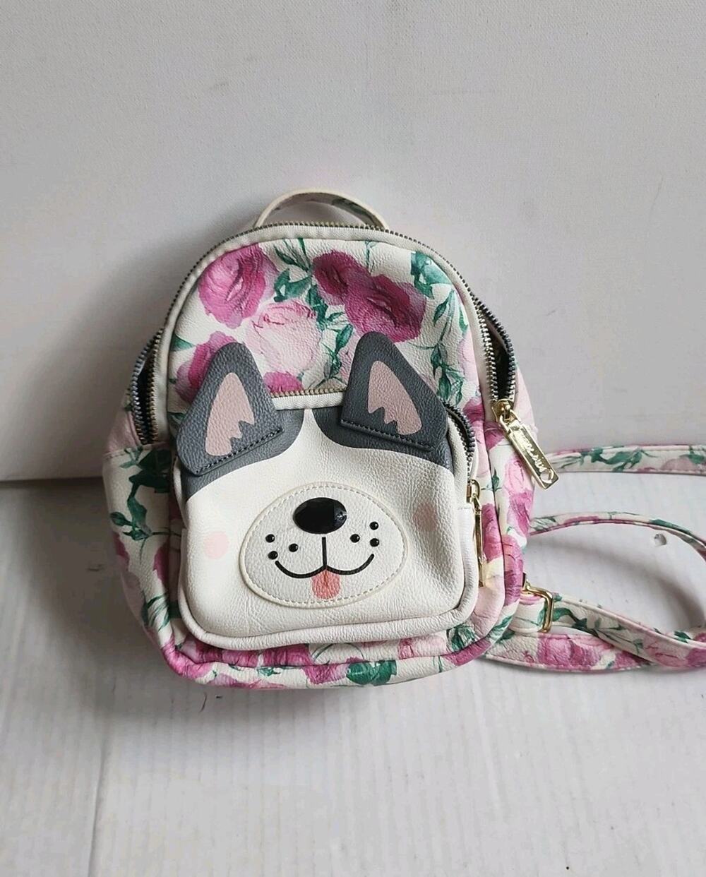 Betsey Johnson Puppy Dog Huskey Floral Roses 8" Backpack Tote Purse Bag W Pocket